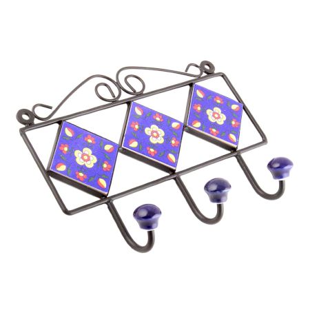 Navy Blue Yellow Floral Tiles Hooks